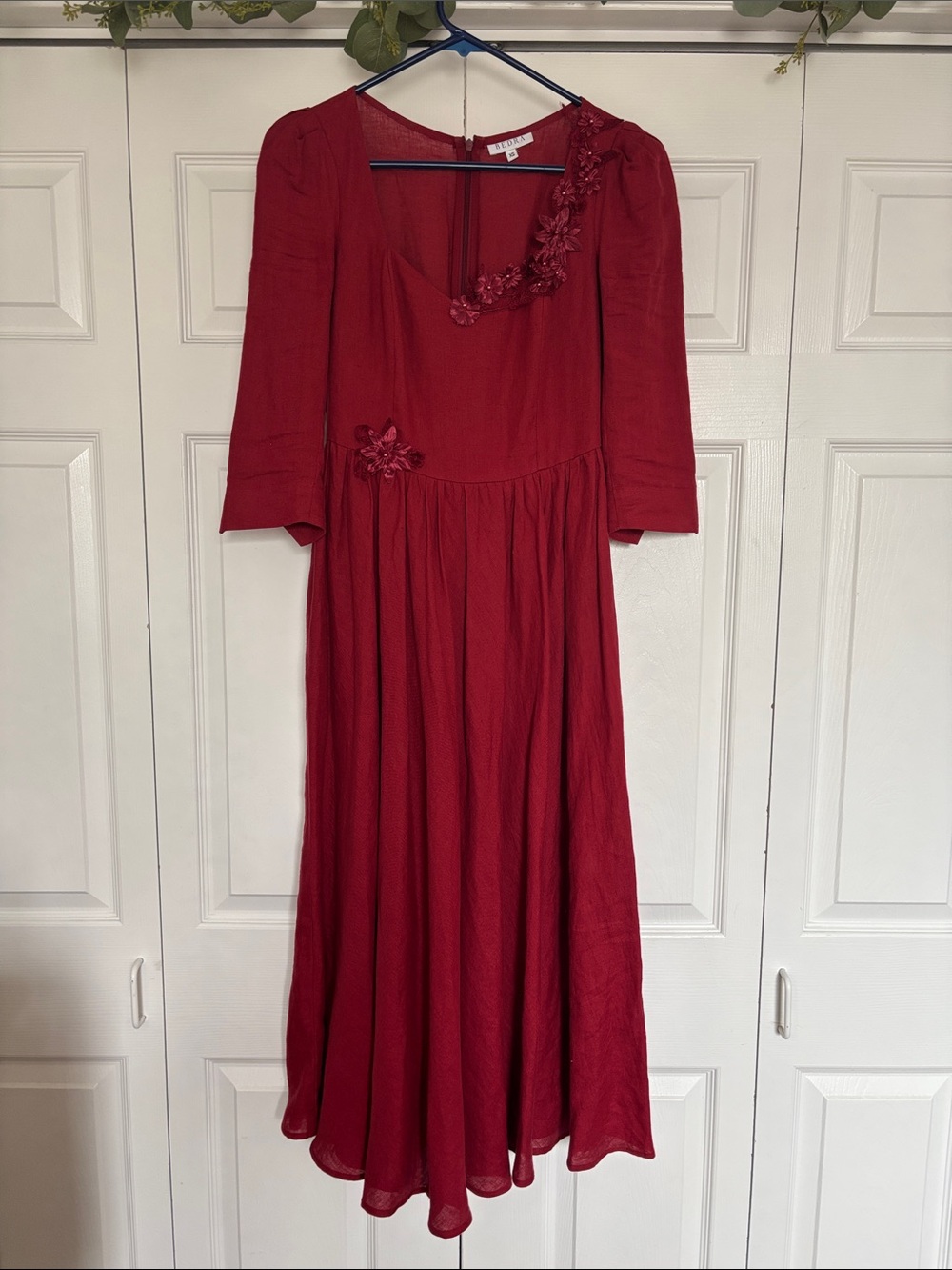 Handmade 2 in one Elegant Red Midi Dress with Floral Appliqué